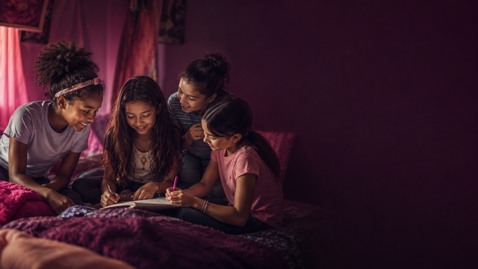 Girls writing together in a notebook on a bed