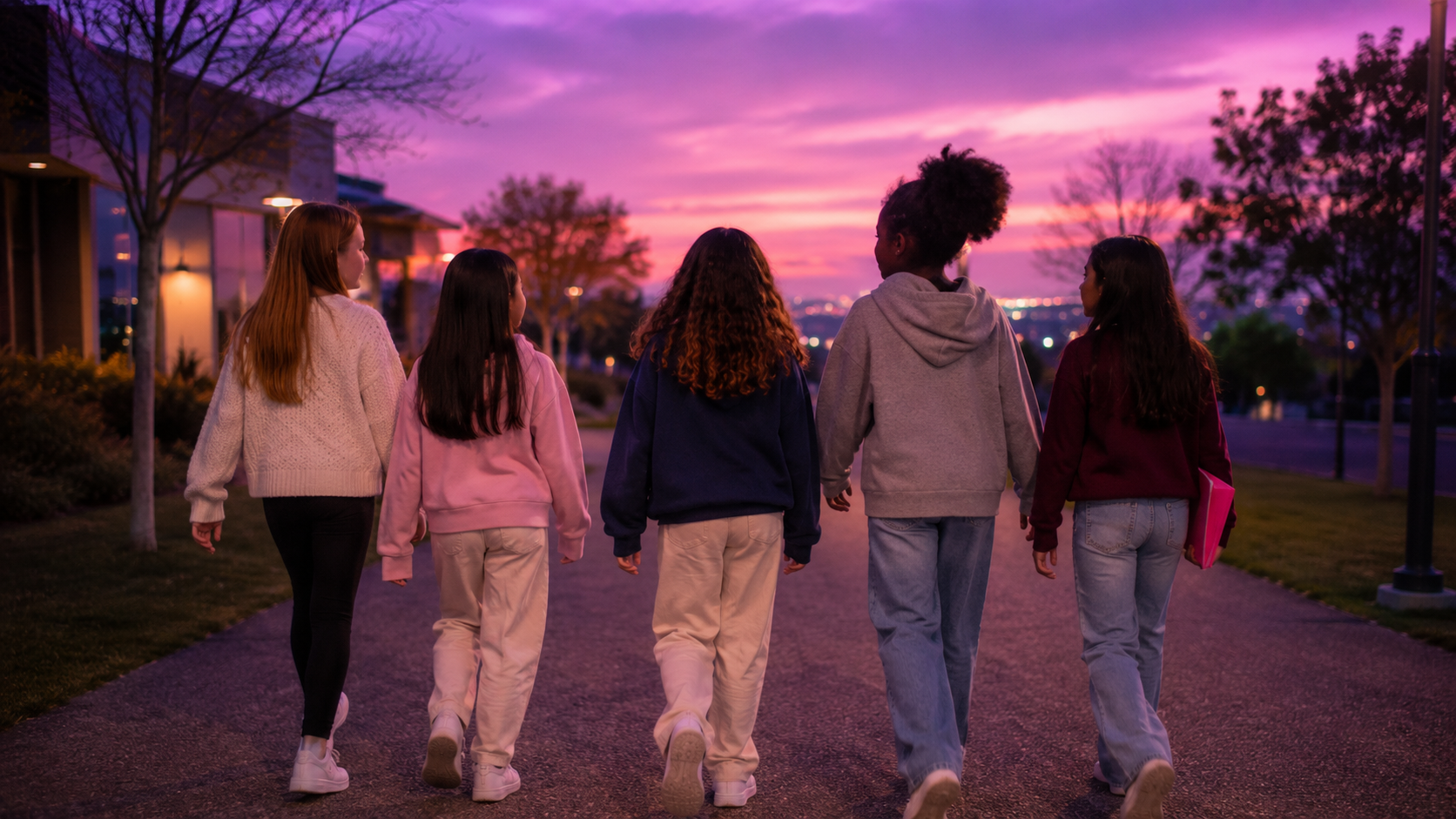 Five girls walking together at dusk